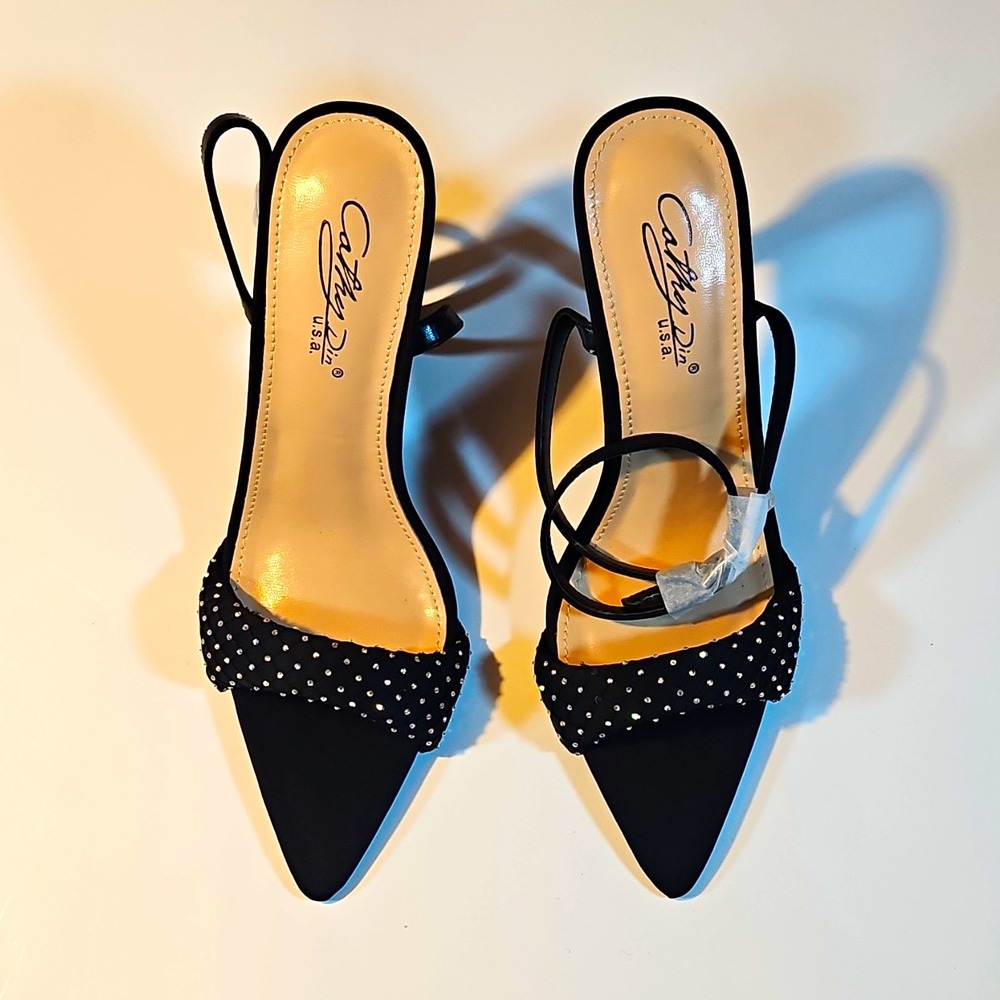 Cathy Jean Black Synthetic Rhinestone Strappy Ankle Strap Pointed Toe Heel 7.5